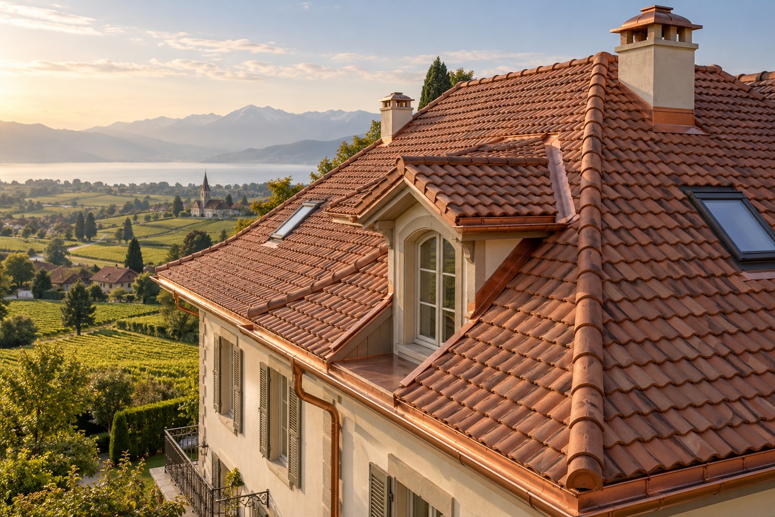 Toiture en tuiles de terre cuite et finitions en cuivre d’une villa, visuel d’illustration